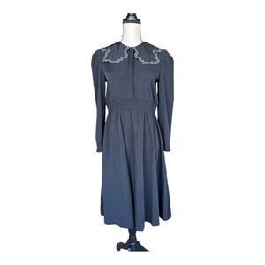 Vintage Minimal Black Long Sleeve Dress with White Scalloped Collar Size 16G
